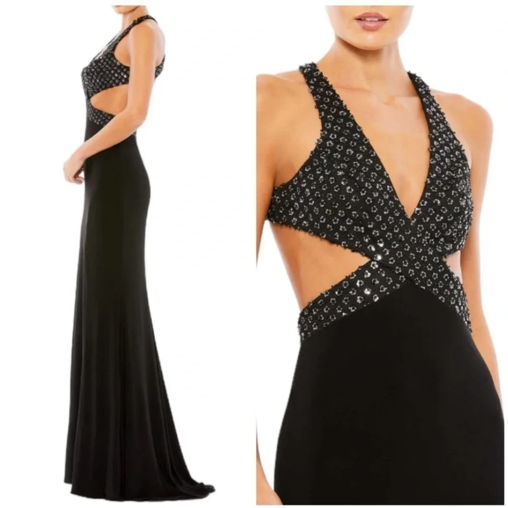 Mac Duggal Floral Sequined Criss Cross Bodice Gown